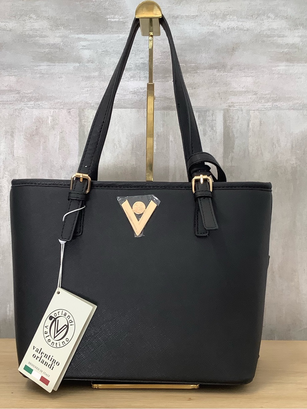 Valentino Orlandi Black Tote with Gold Logo Accent